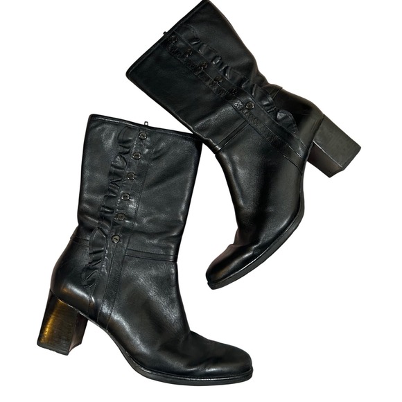 Clarks Shoes - Y2K VTG Clarks Black Leather Moto Boots Ruffle Button Mid Calf Coquette 9.5